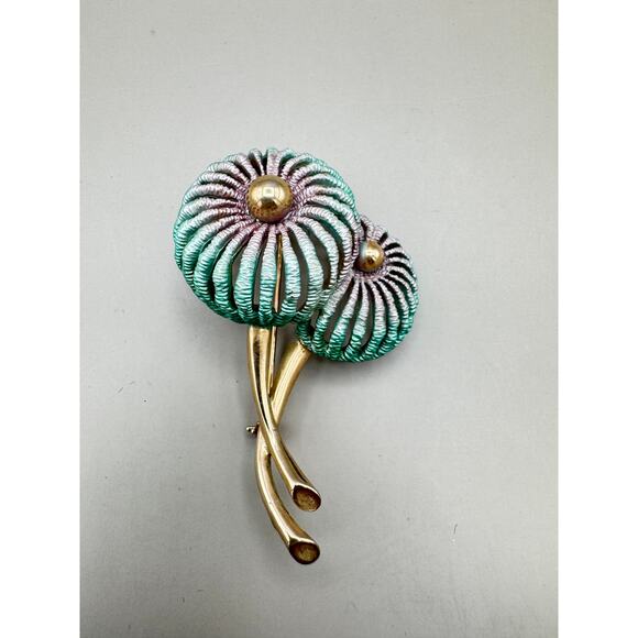 Vintage Enameled Teal and Purple Gold Tone Flower Brooch - Picture 3 of 8